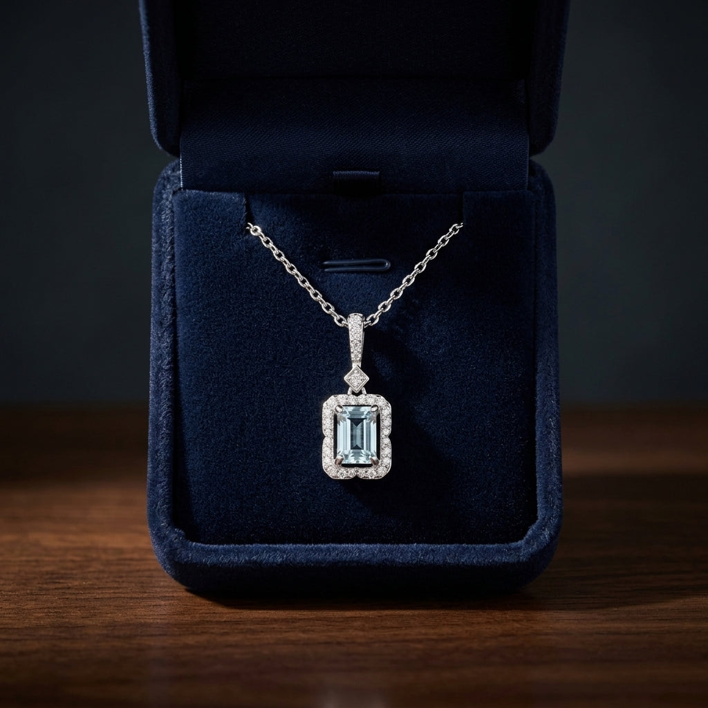 Aquamarine Emerald Cut Halo Pendant in 14k White Gold 1/6ctw — gift presentation