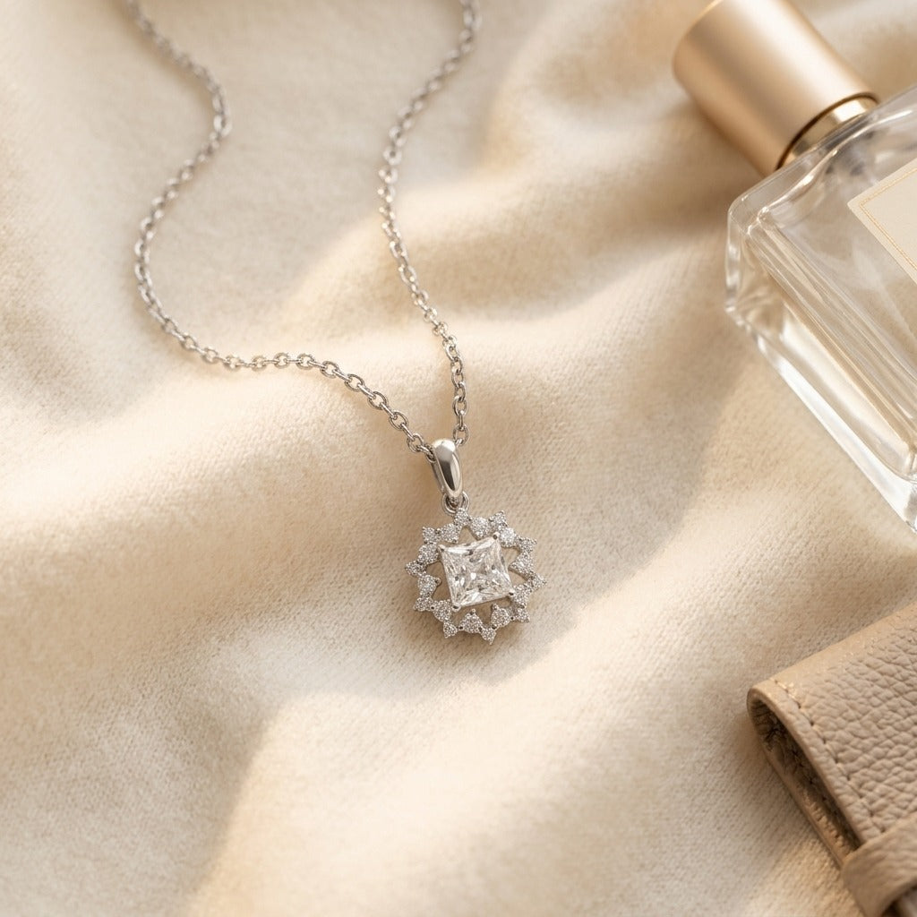 Diamond Floral Pendant in 14k White Gold Cz Ctr 1/5ctw 16-18 Inch Adj Chain — textile flat lay