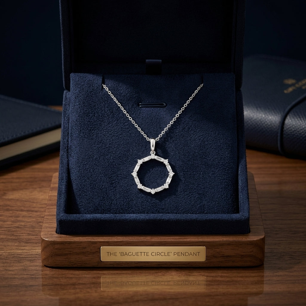 Baguette 1/5ctw & Round 1/10ctw Circle Pendant in 14K White Gold - presentation