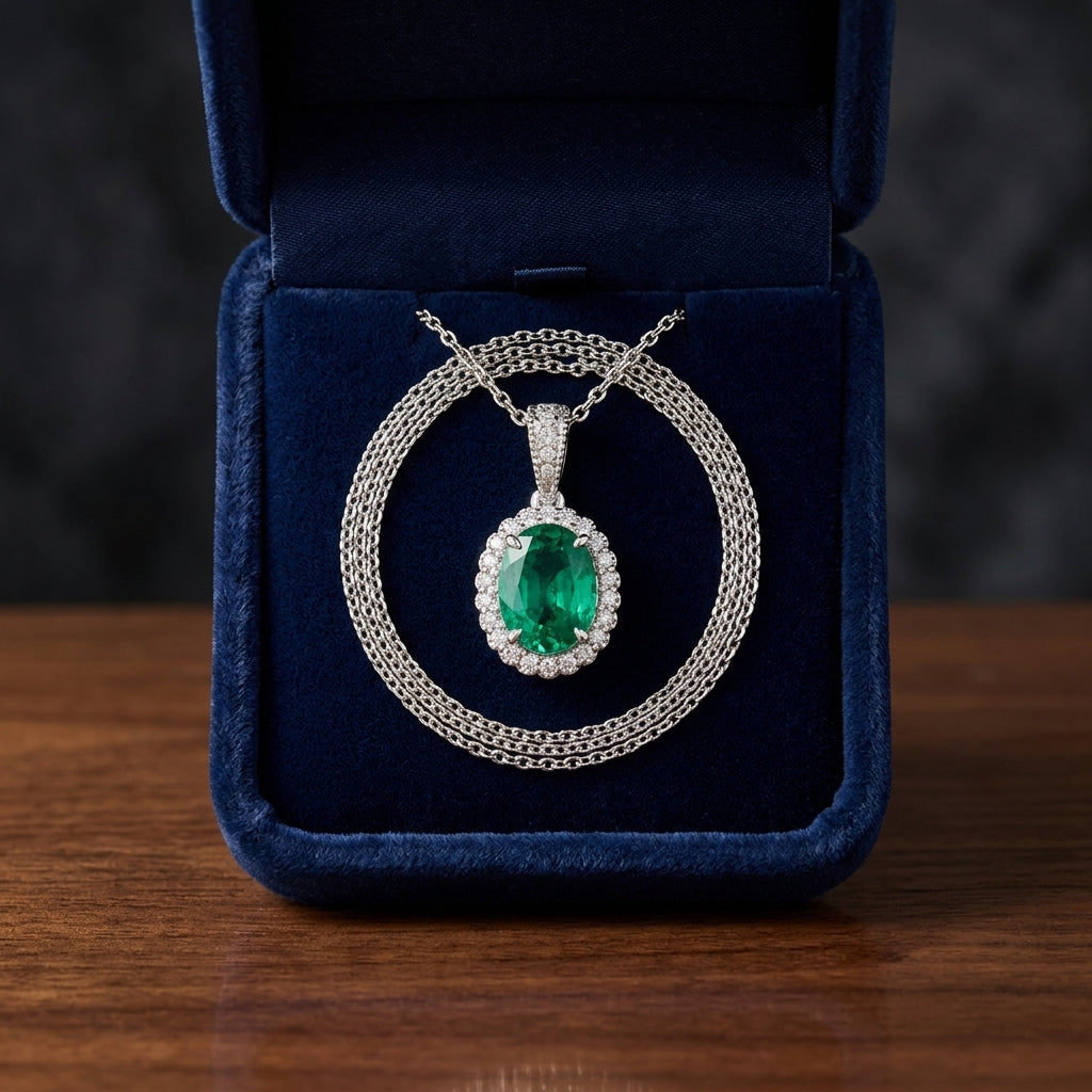 Created Emerald & Diamond Oval Halo Pendant 1/6ctw Adjustable 16-18 Inch Chain in 14K White Gold - presentation