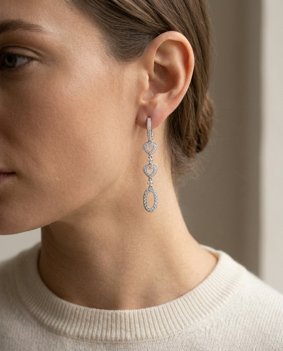 Diamond Hearts Dangle Earrings In 14k White Gold — editorial close-up