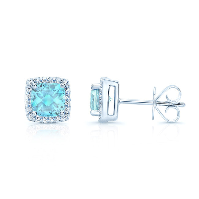 Aquamarine Cushion And Diamond Earrings In 18k White Gold