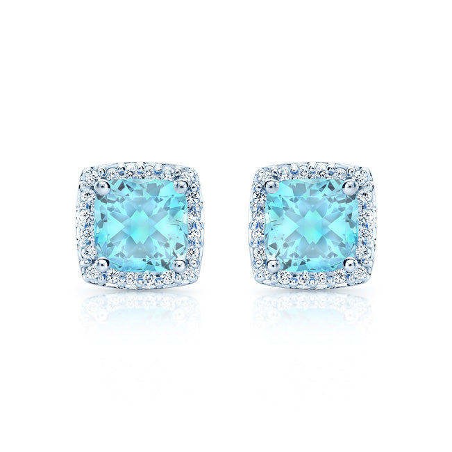 Aquamarine Cushion And Diamond Earrings In 18k White Gold