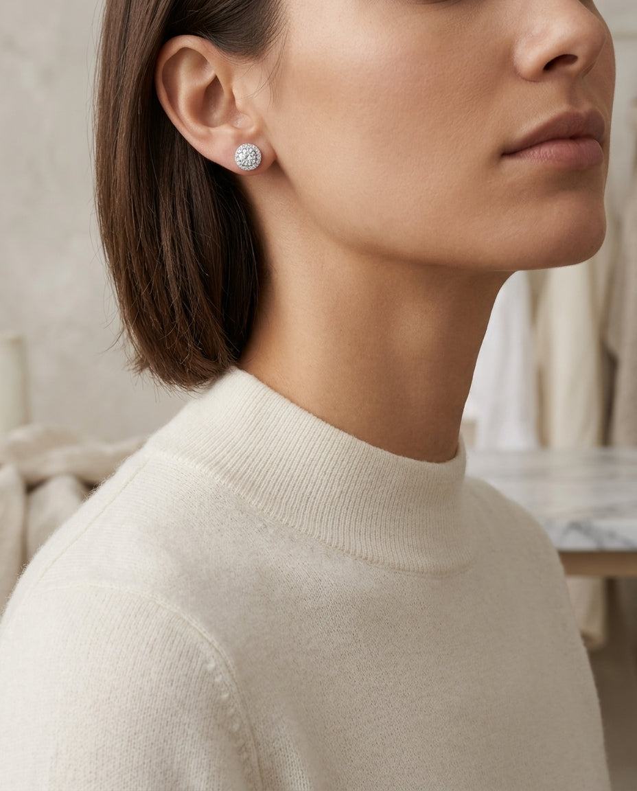 Pave Diamond Halo Studs In 14k White Gold (1/2 Ct.tw.) — editorial close-up