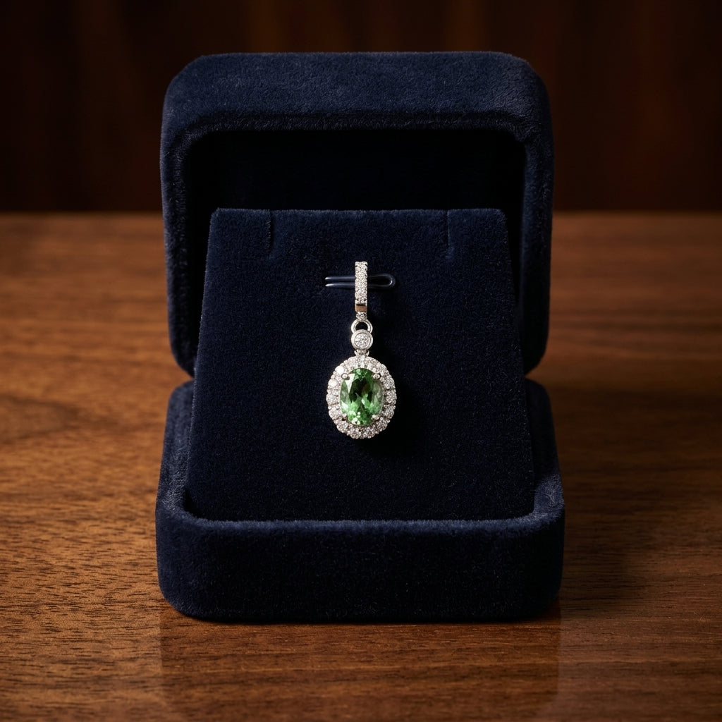 Created Emerald And Diamond Oval Halo Dangle Earrings In 14k White Gold — gift presentation