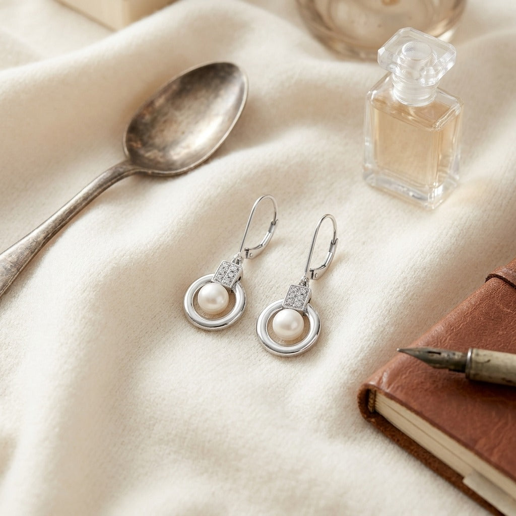 Freshwater Pearl and Diamond Leverback Earrings in 14k White Gold 0.06ctw — textile flat lay