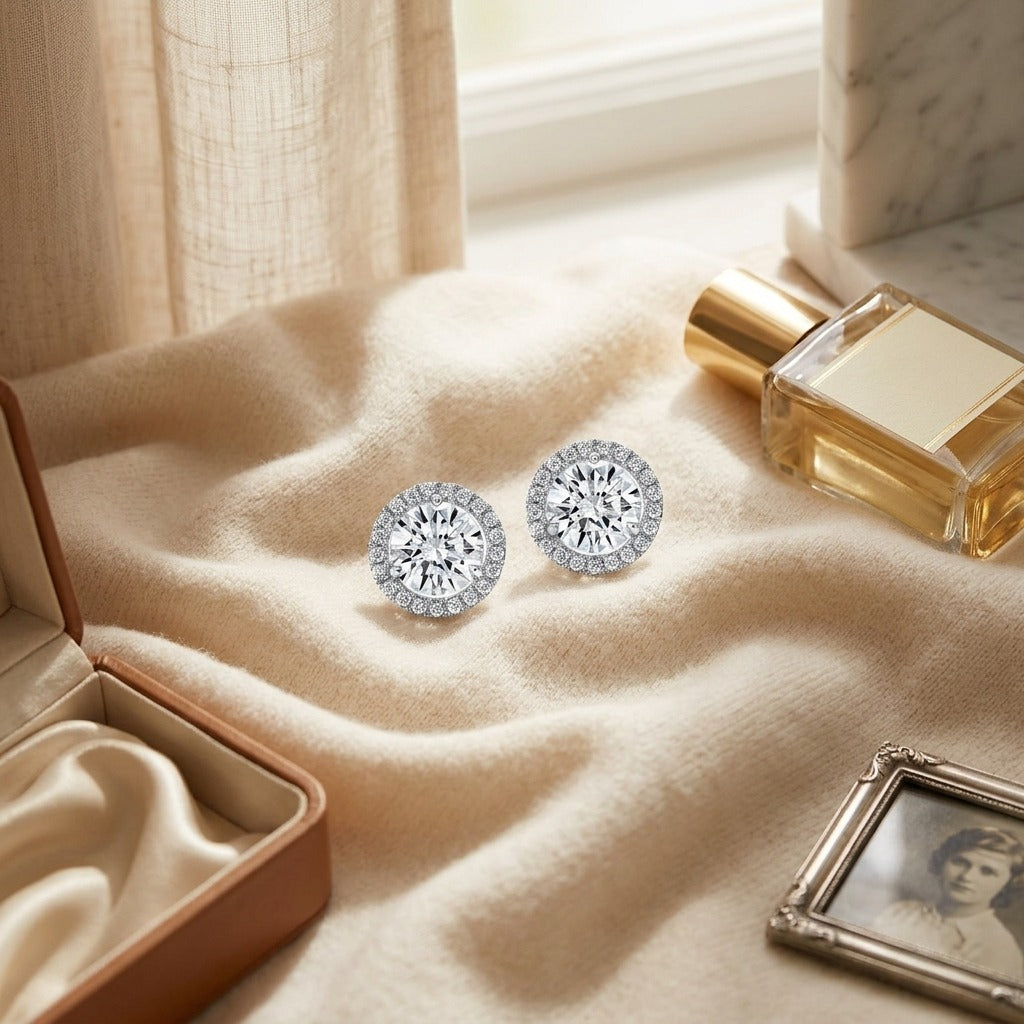 Diamond Round Martini Prong Earrings With Halo Border In 14k White Gold (1-9/10 Ct.tw.) — textile flat lay