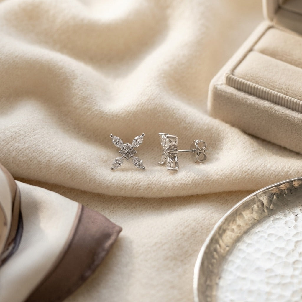 Diamond Marquise Snowflake Earring In 14k White Gold 5/8ctw — textile flat lay