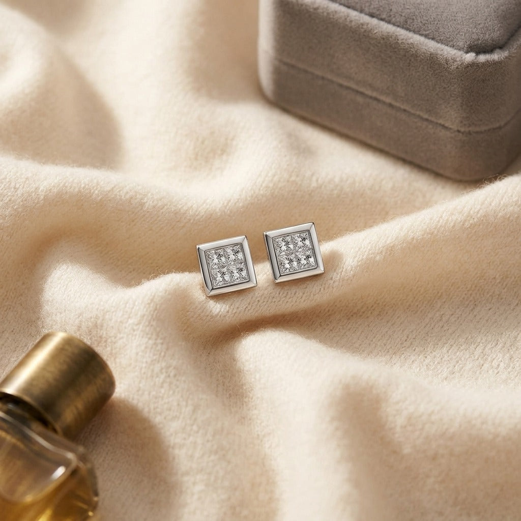 Princess Cut Diamond Earrings in 14k White Gold (1 Ct.tw.) — textile flat lay