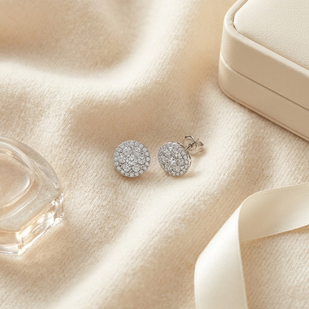Diamond Halo Earrings in 14k White Gold — textile flat lay