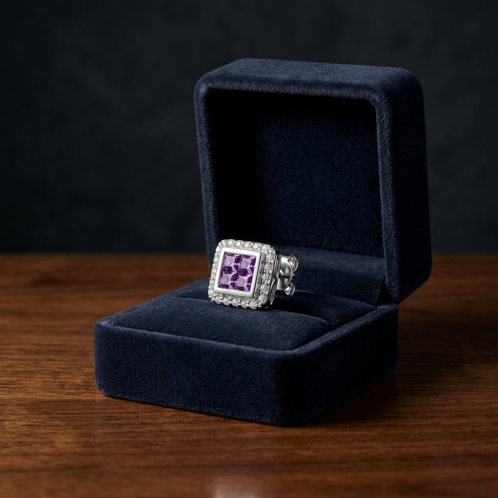 Amethyst And Diamond Square Framed Earrings In 14k White Gold — gift presentation