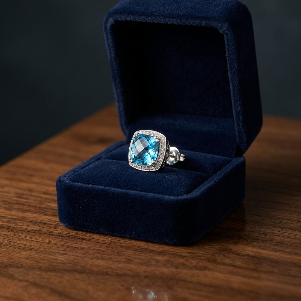 Swiss Blue Topaz Cushion Cut And Diamond Earrings In 14k White Gold — gift presentation
