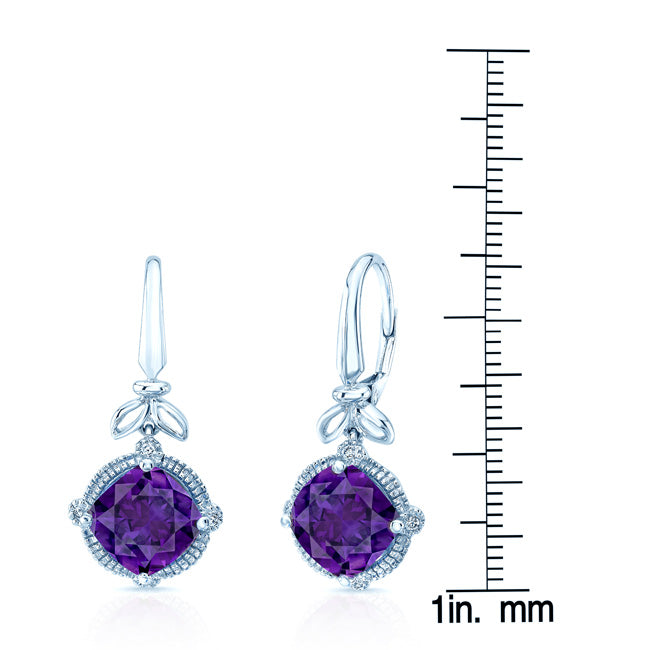 Amethyst And Diamond Leaf Drop Earrings In 14k White Gold