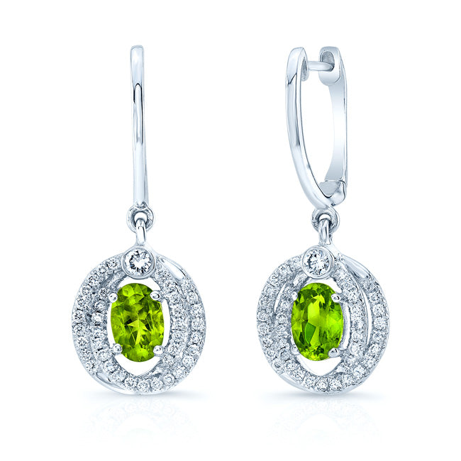 Peridot Oval & Diamond Earrings In 14k White Gold