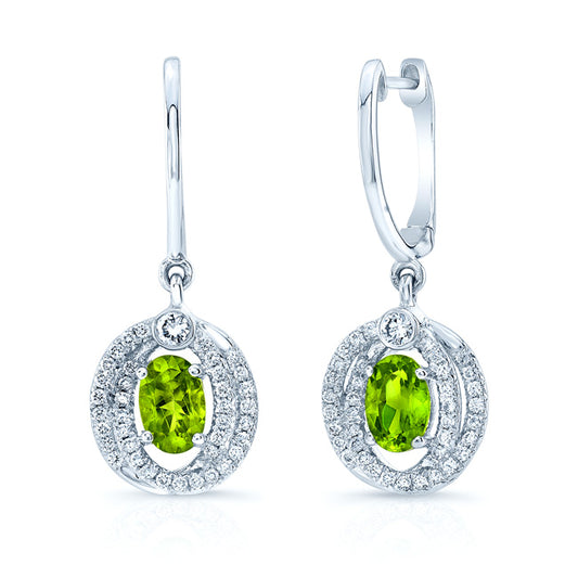 Peridot Oval & Diamond Earrings In 14k White Gold