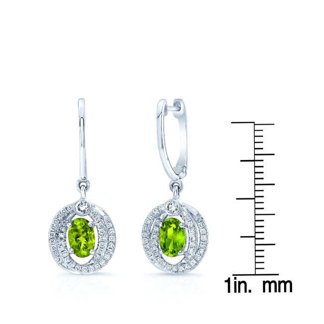 Peridot Oval & Diamond Earrings In 14k White Gold