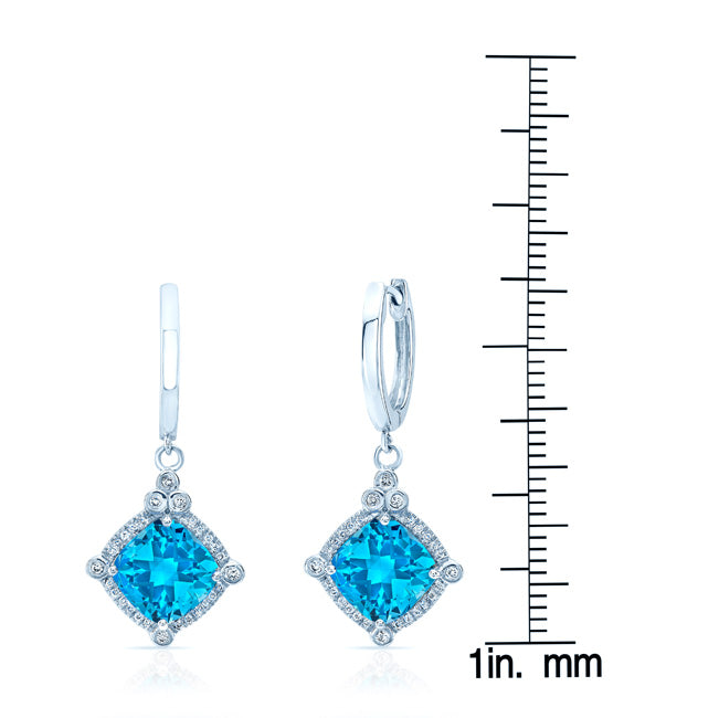 Blue Topaz Cushion Dangle Earrings In 14k White Gold