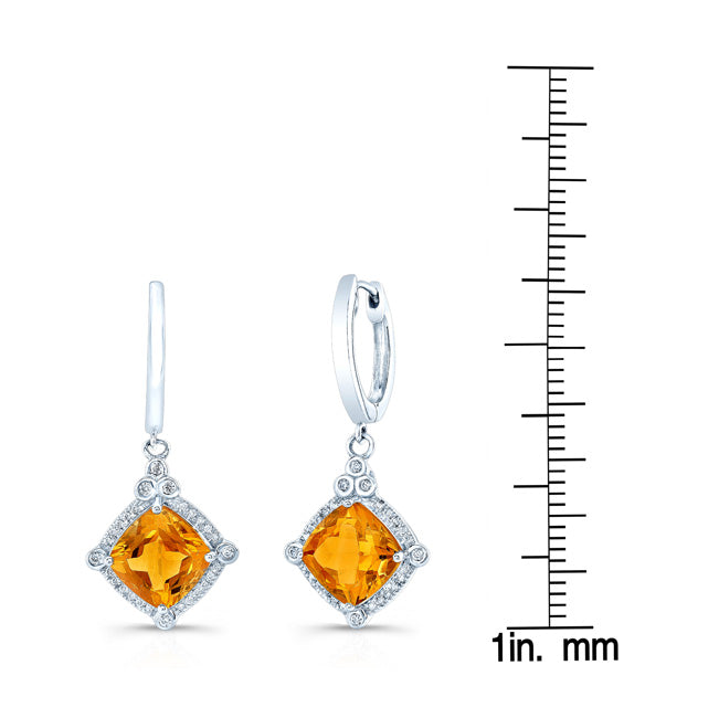 Citrine Cushion And Diamond Drop Earrings In 14k White Gold