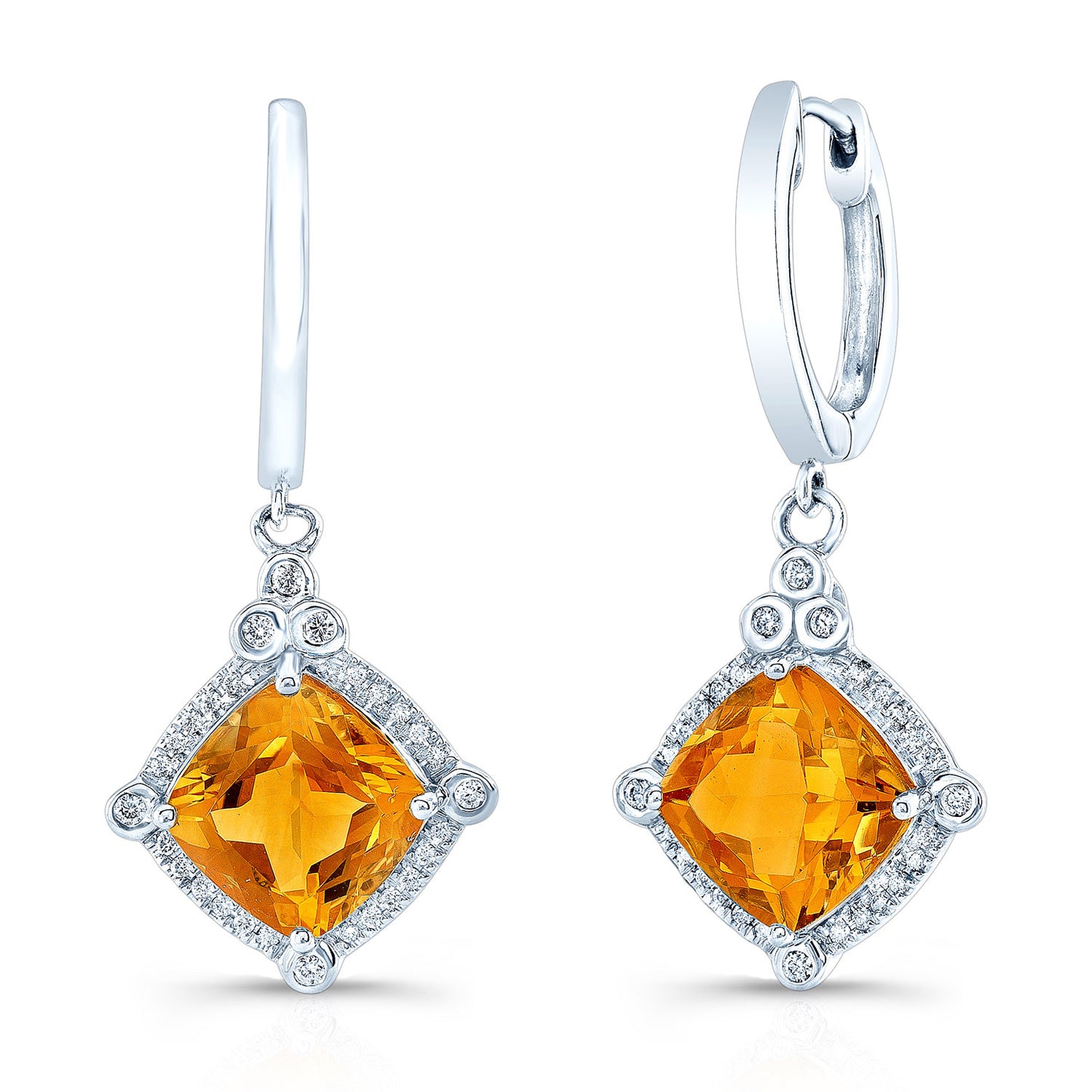Citrine Cushion And Diamond Drop Earrings In 14k White Gold