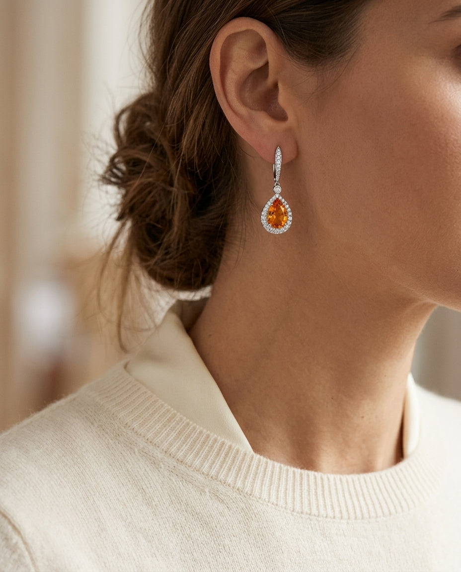 White Gold Citrine And Diamond Earrings In 14k White Gold (1/3 Ct. Tw.) — editorial close-up