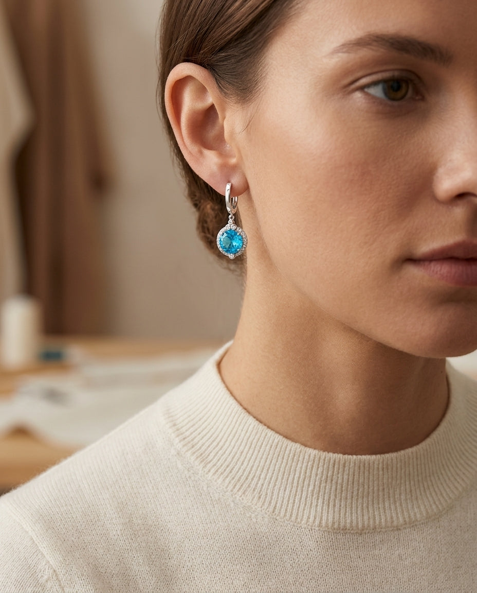 Blue Topaz And Diamond Earrings In 14k White Gold — editorial close-up