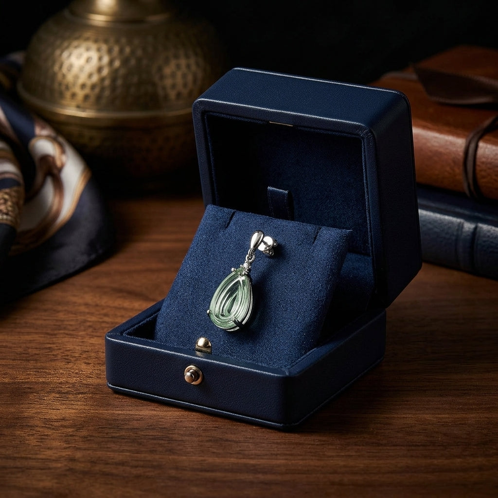 Pear Shape Cabochon Green Quartz And Diamond Earrings In 14k White Gold (16x9mm) — gift presentation