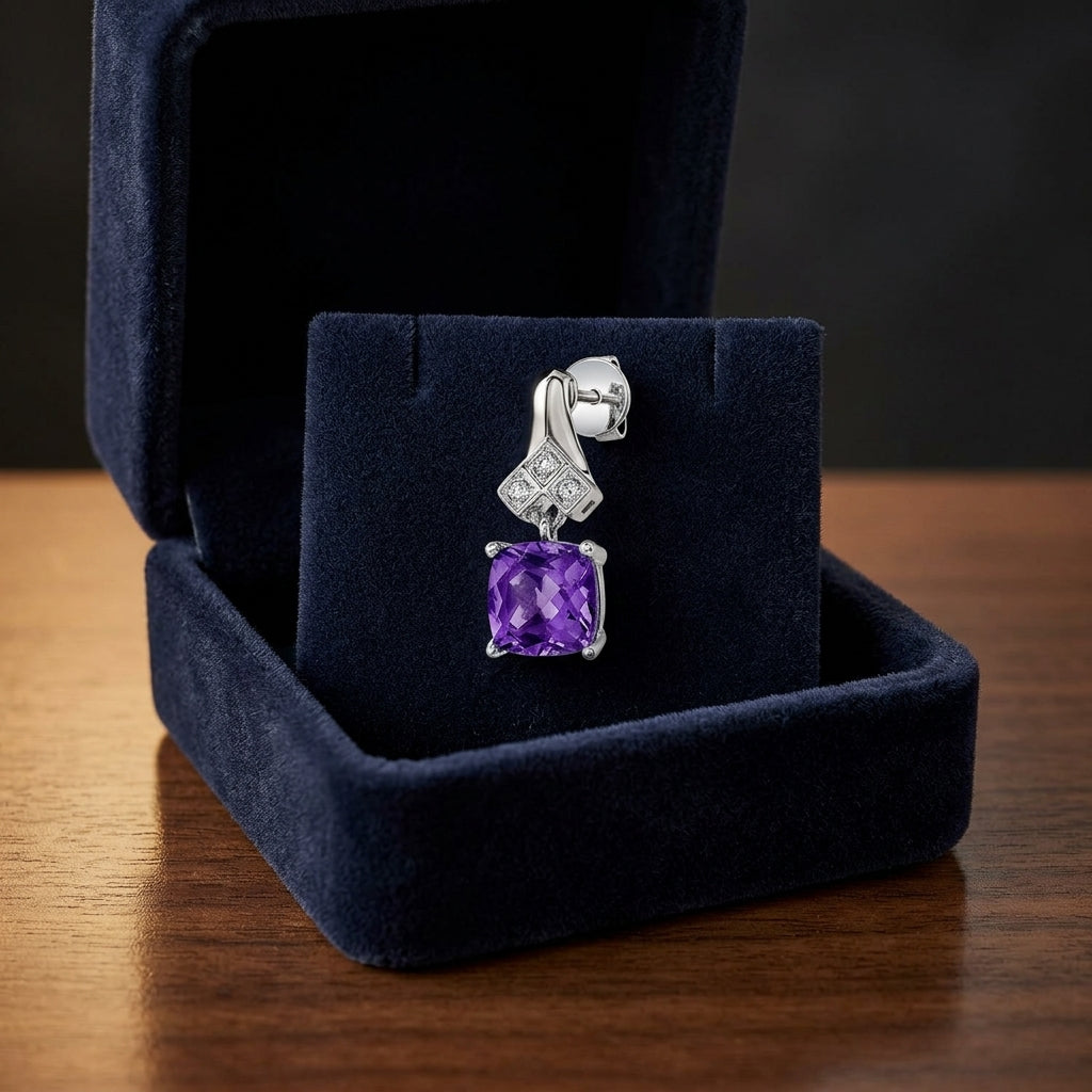 Amethyst Cushion Cut And Diamond Drop Earrings In 14k White Gold — gift presentation