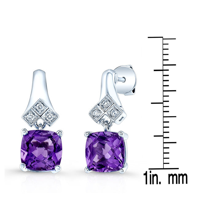 Amethyst Cushion Cut And Diamond Drop Earrings In 14k White Gold