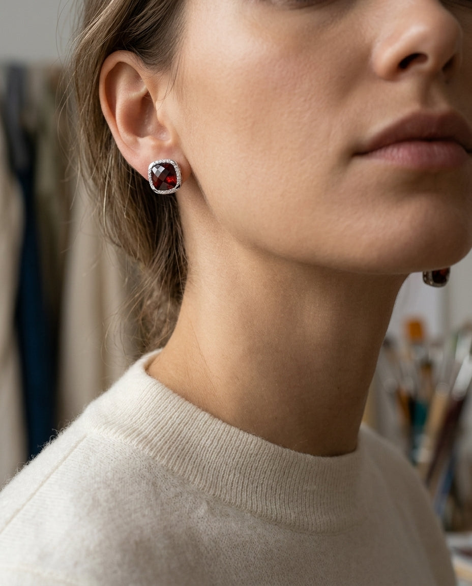 Garnet Cushion And Pave Diamond Earrings In 14k White Gold — editorial close-up