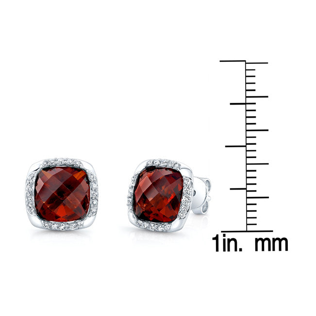 Garnet Cushion And Pave Diamond Earrings In 14k White Gold (1/5 Ct. Tw.)