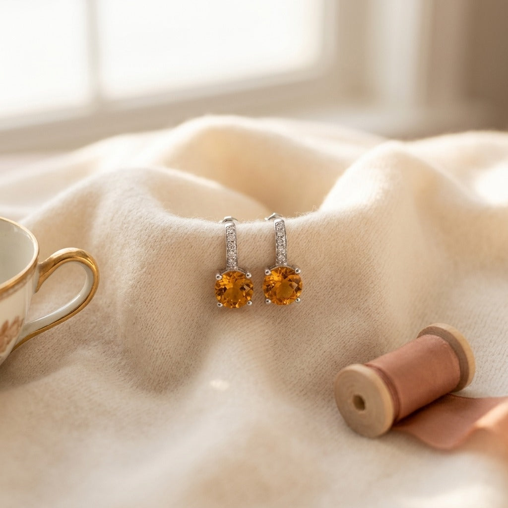 Citrine And Diamond Drop Earrings In 14k White Gold — textile flat lay