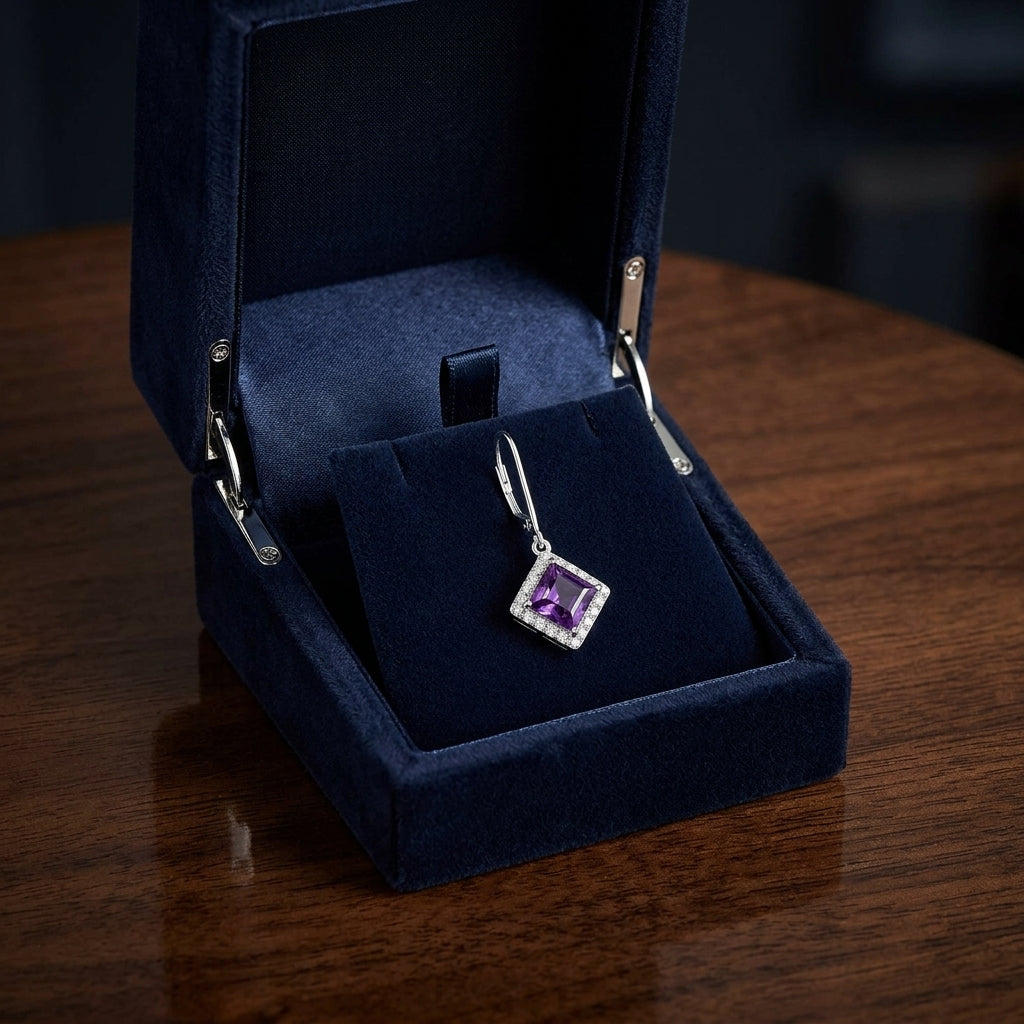 Amethyst Square And Diamond Earrings In 14k White Gold (6x6mm) — gift presentation