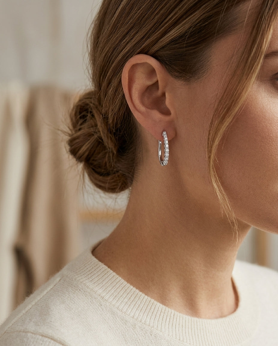 Diamond Hinged Back J Hoop Earring In 14k White Gold 1/4 ctw — editorial close-up
