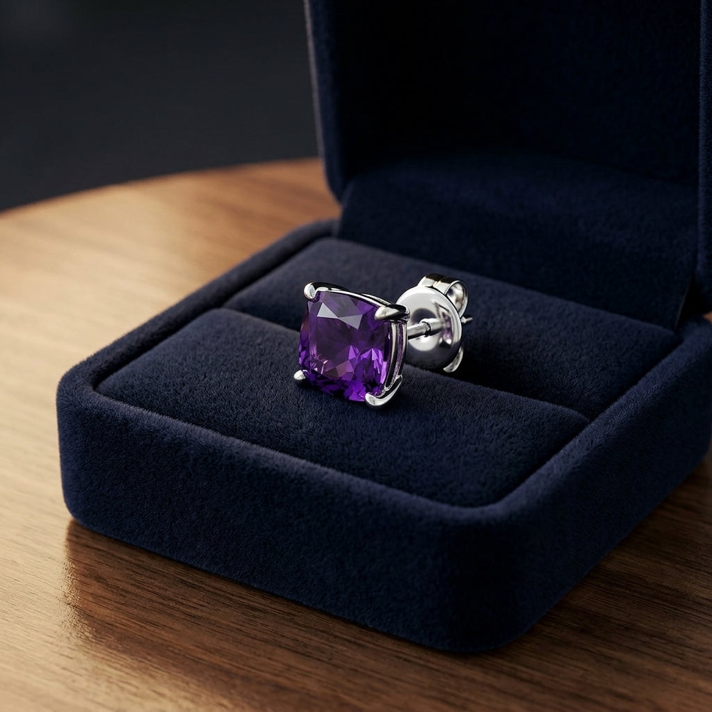 Amethyst Cushion 4 Prong Stud Earrings In 14 Karat White Gold — gift presentation