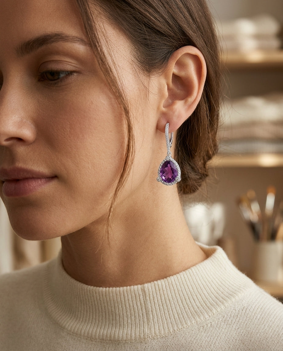 14kw Gold Pear Shape Amethyst & Diamond Earrings — editorial close-up