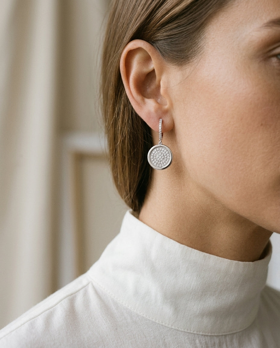 Diamond Pave Disc Earrings In 14k White Gold (3/8 Ct. Tw.) — editorial close-up