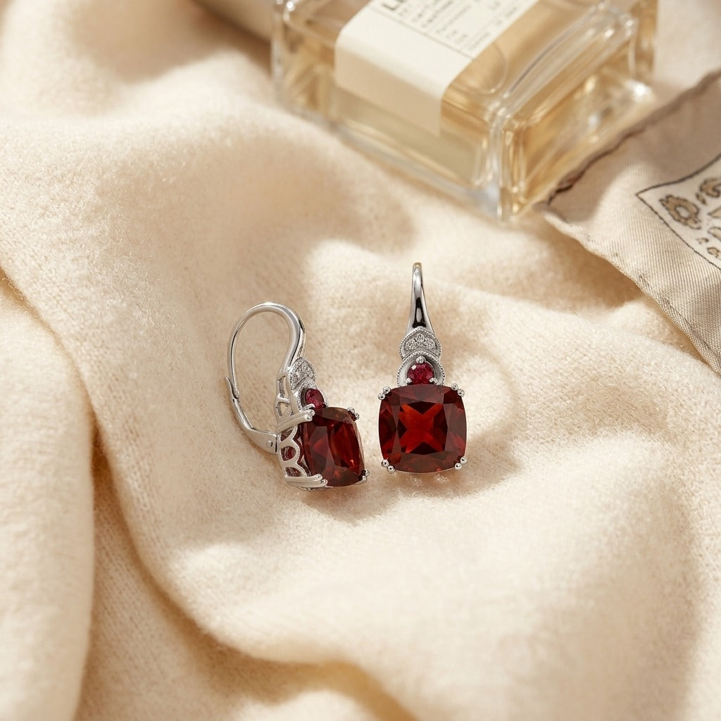 Rhodolite Garnet & Diamond Earrings In 14k White Gold — textile flat lay