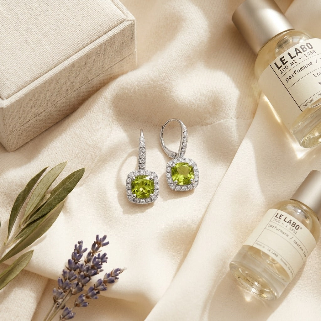 Peridot And Diamond Earrings In 14k White Gold — textile flat lay