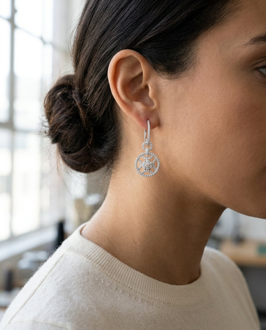 Diamond Duet Circle Dangle Earrings In 14k White Gold — editorial close-up