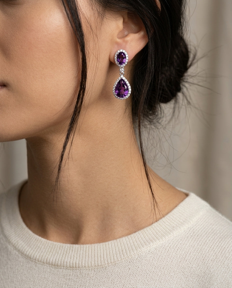 Amethyst And Diamond Pave Dangle Earrings In 14k White Gold (1/3 Ct.tw.) — editorial close-up
