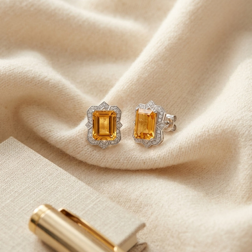 Citrine Emerald Cut And Diamond Earrings In 14k White Gold (1/5 Ct.tw.) — textile flat lay