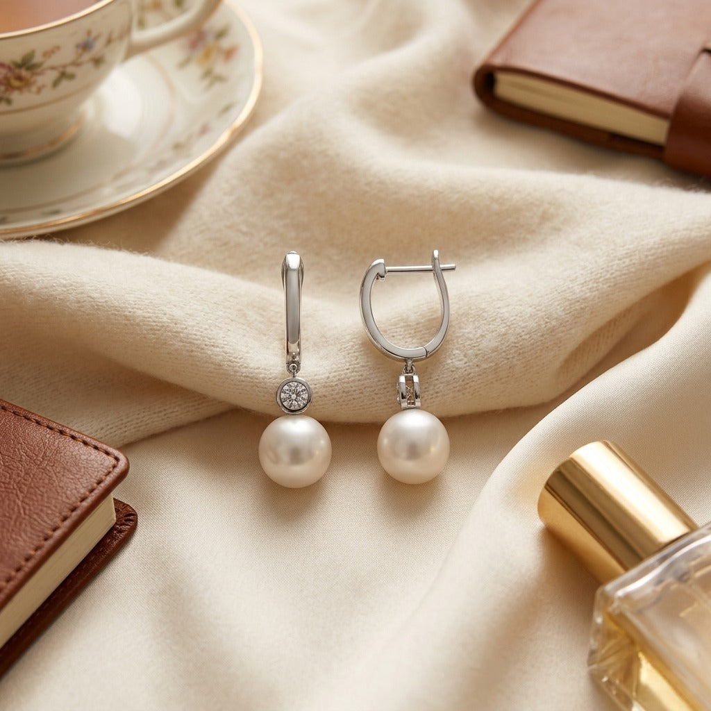 Akoya Pearl and Bezel Diamond Earrings in 14k White Gold 1/5ctw — textile flat lay