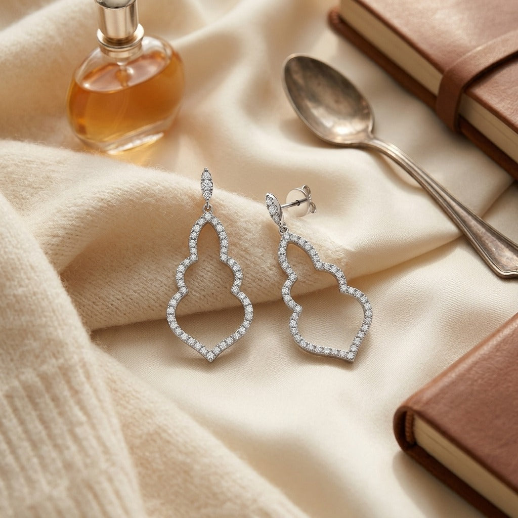 Diamond Open Damask Dangle Earrings in 14k White Gold — textile flat lay