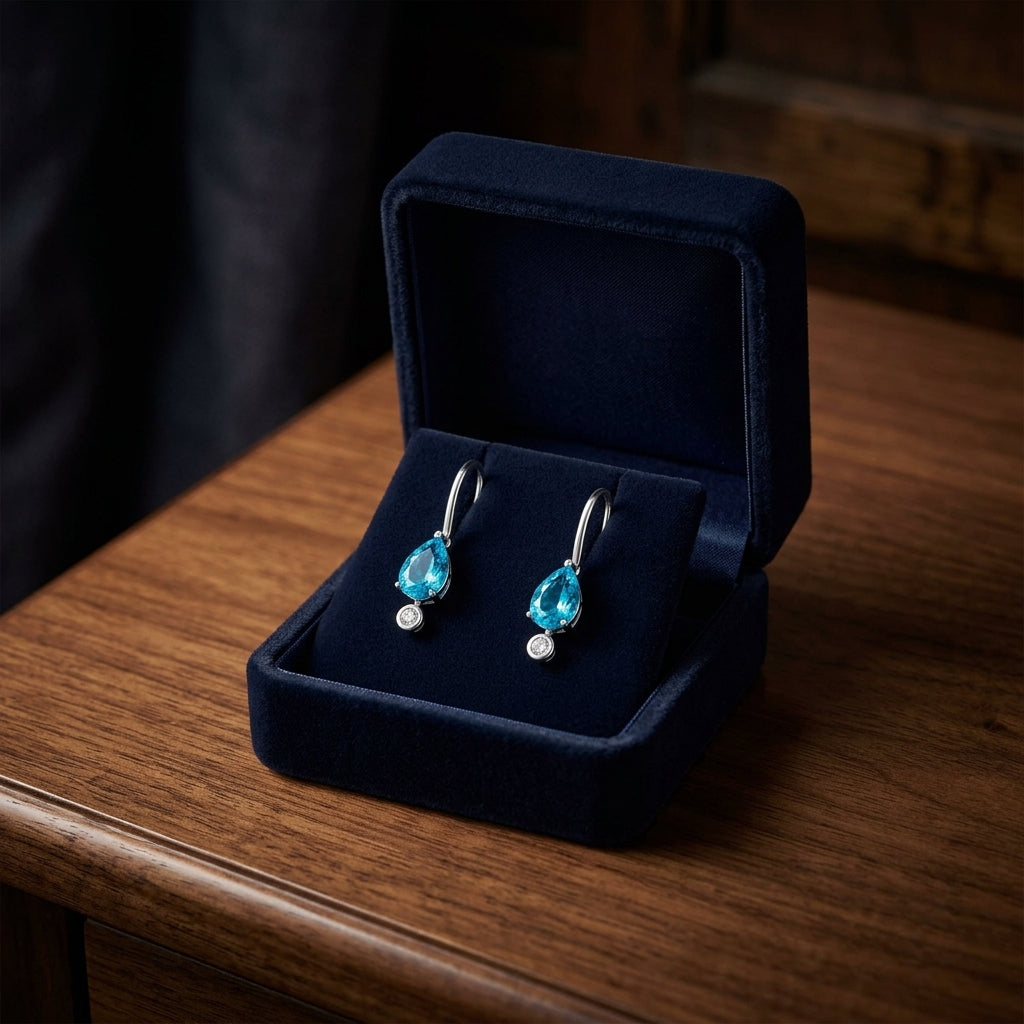 Pear Shaped Blue Topaz 7x5mm & Diamond 1/10ctw Leverback Drop Earrings Set in 14K White Gold - presentation