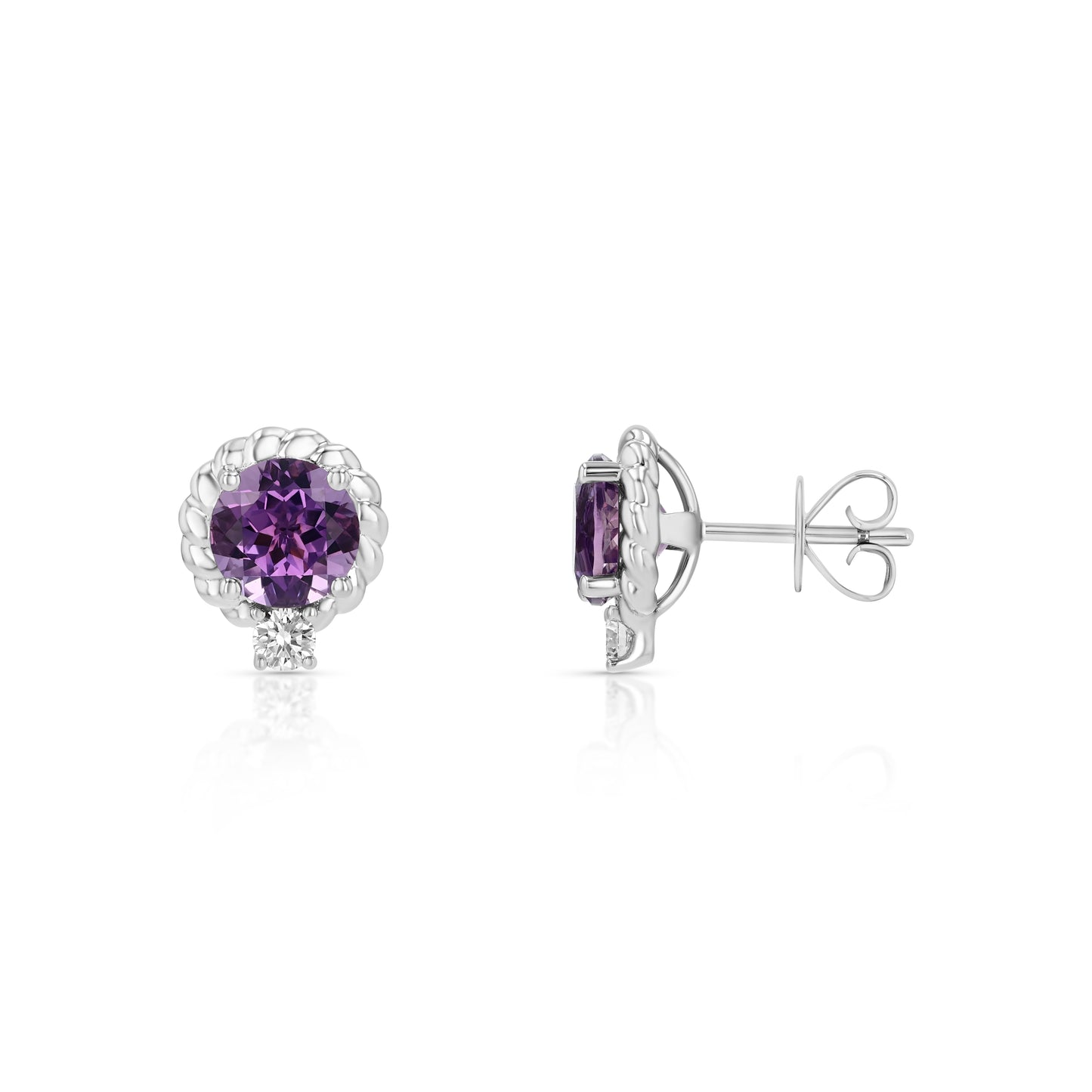 Amethyst and Diamond Ripple Edge Halo Stud Earrings in 14k White Gold 1/5ctw