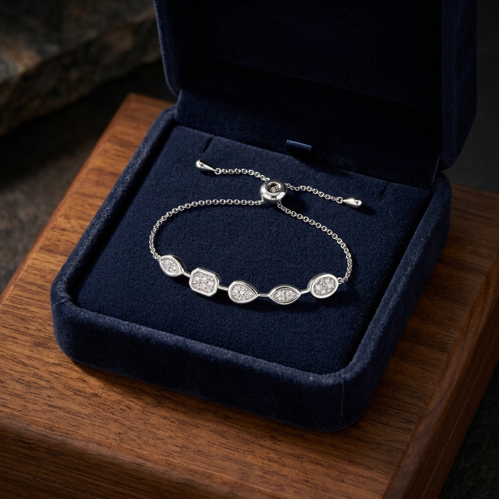 Diamond Geometric Section Bracelet 0.55ctw with Adjustable Draw String Closure 9 Inch Length in 14K White Gold - presentation