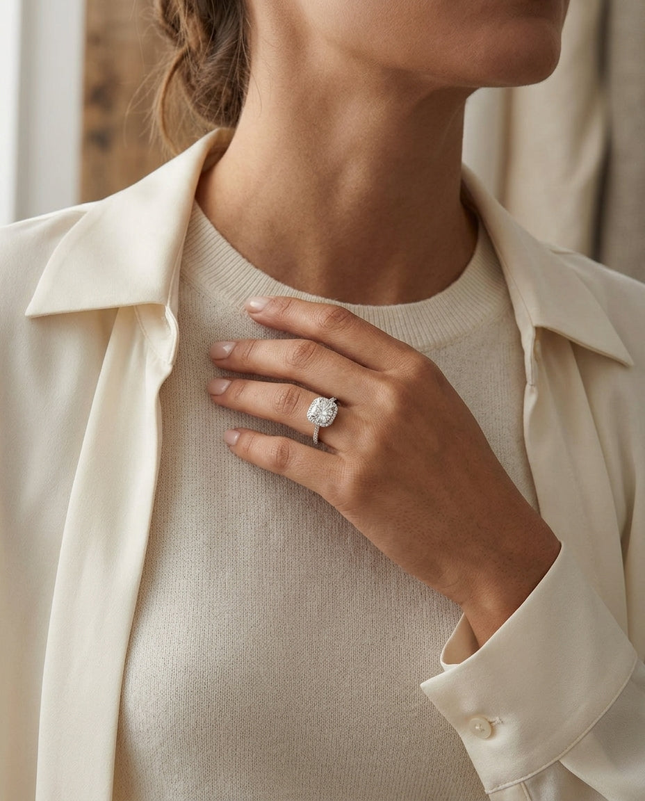 1 1/3ctw Round Diamond Engagement Ring With Octagon Halo Frame And Pave Shank In 14k White Gold, Igi-certified — editorial close-up