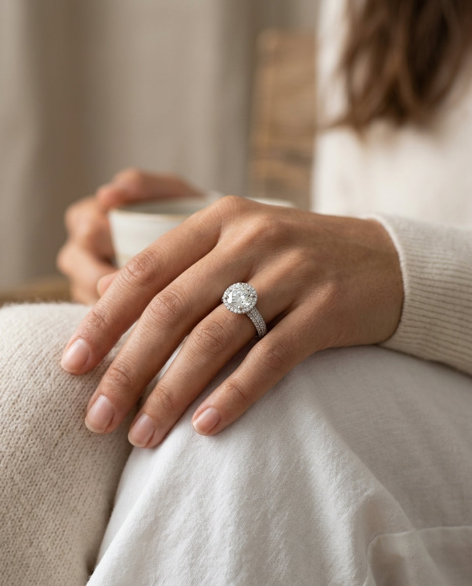 1 4/5ctw Round Diamond Pave Engagement Ring With Triple Row Shank In 14k White Gold, Igi-certified — editorial close-up