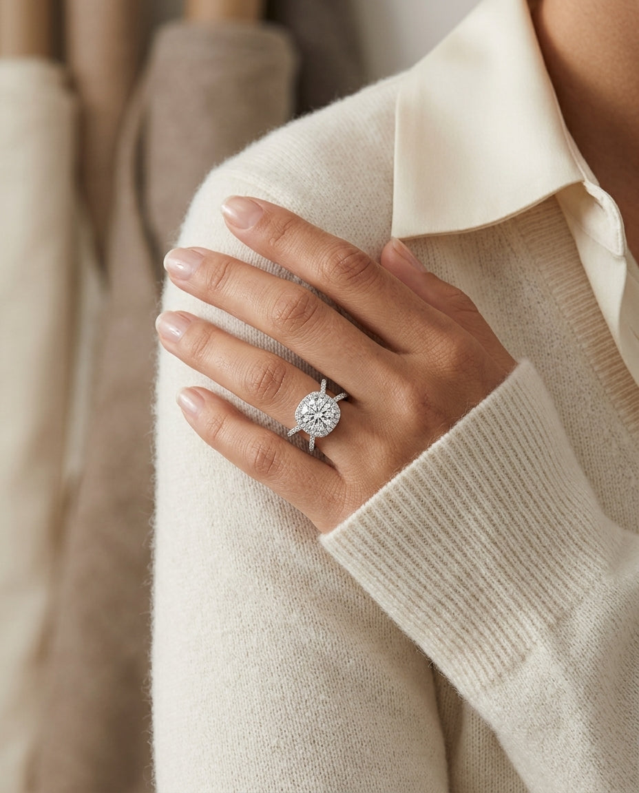 1 1/2ctw Round Diamond Halo Engagement Ring With Crossover Pave Shank In 14k White Gold, Igi-certified — editorial close-up