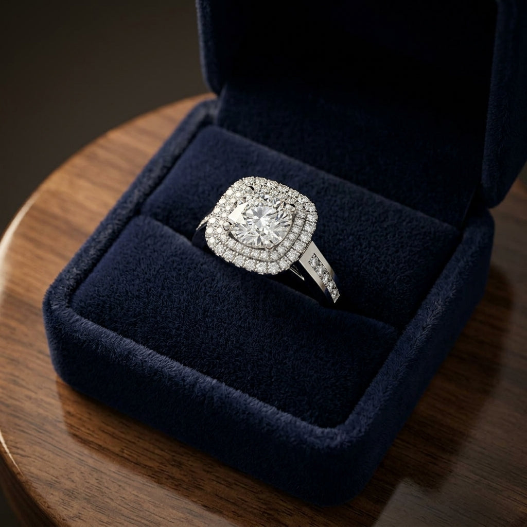 1 2/3ctw Round Diamond Double Square Halo Engagement Ring With Channel Set Shank In 14k White Gold, Igi-certified — gift presentation